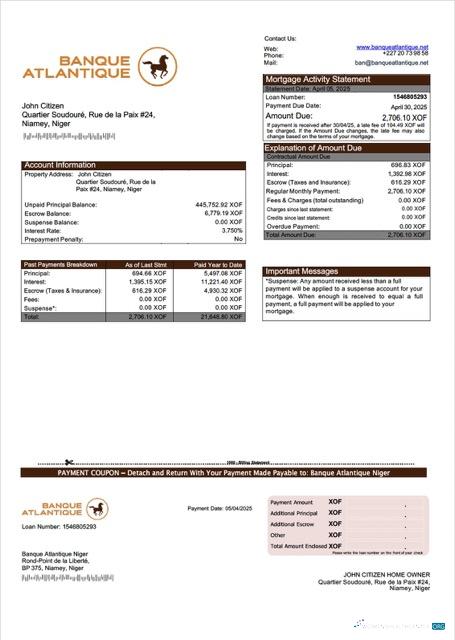 Download Niger Banque Atlantique Niger mortgage statement Word and PDF template Photoshop template